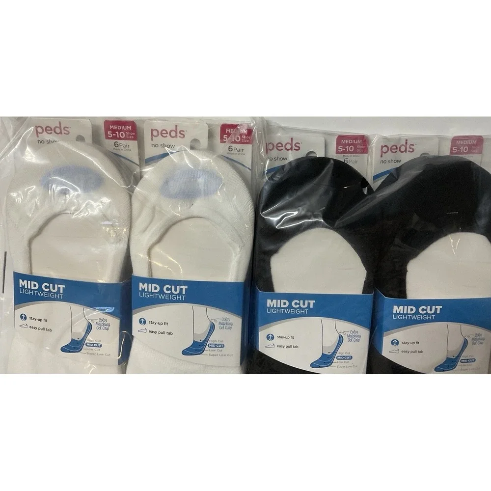 NIP Lot 24 Pairs Peds Mid Cut Lightweight No Show Liner Socks Black & White 5-10